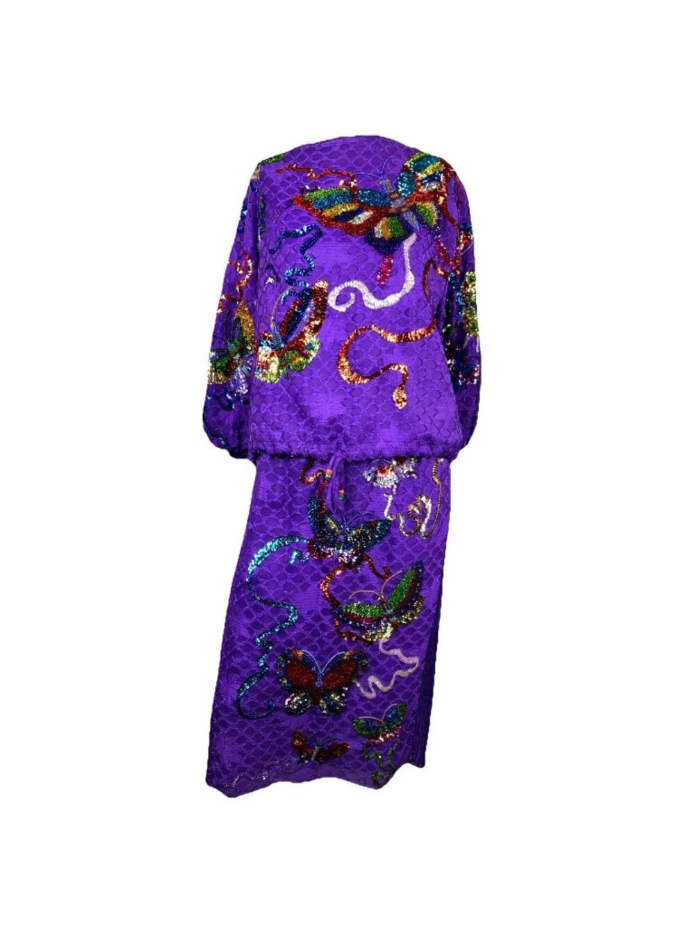 RARE Vintage 80s Diane Fres Butterfly Sequin Embellished 2 Pc Dress Purple